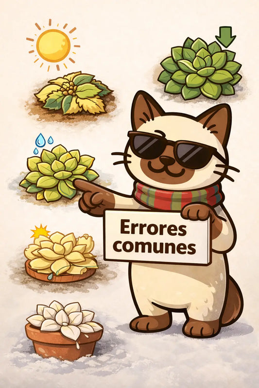 Ilustración de Alpaca mostrando errores comunes en el cuidado de suculentas variegadas.