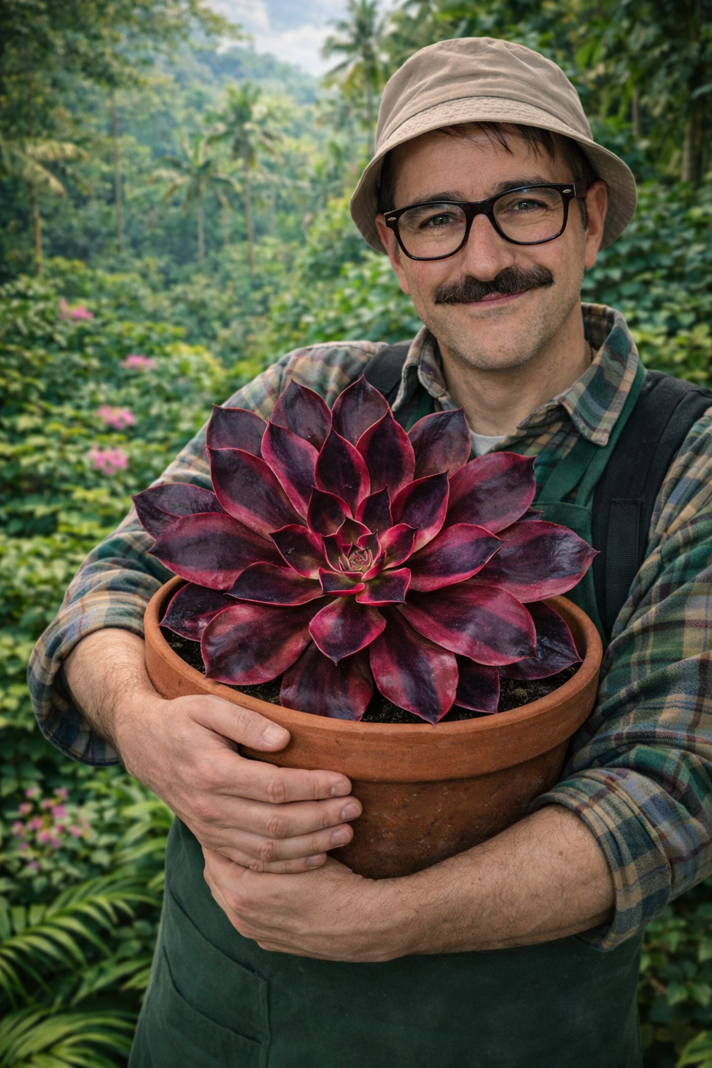 Guía de cultivo de Aeonium variegados — roseta variegada en maceta sostenida por experto cultivador en jardín subtropical.
