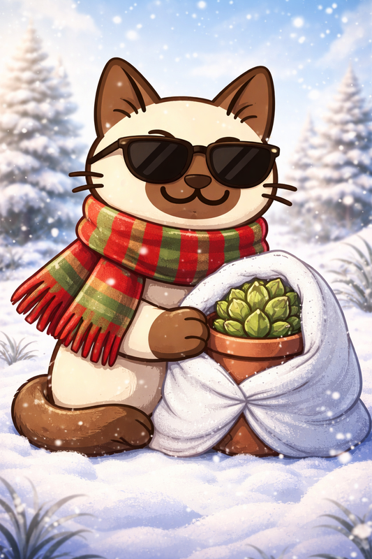 Ilustración de Alpaca en invierno cuidando una suculenta variegada protegida del frío.