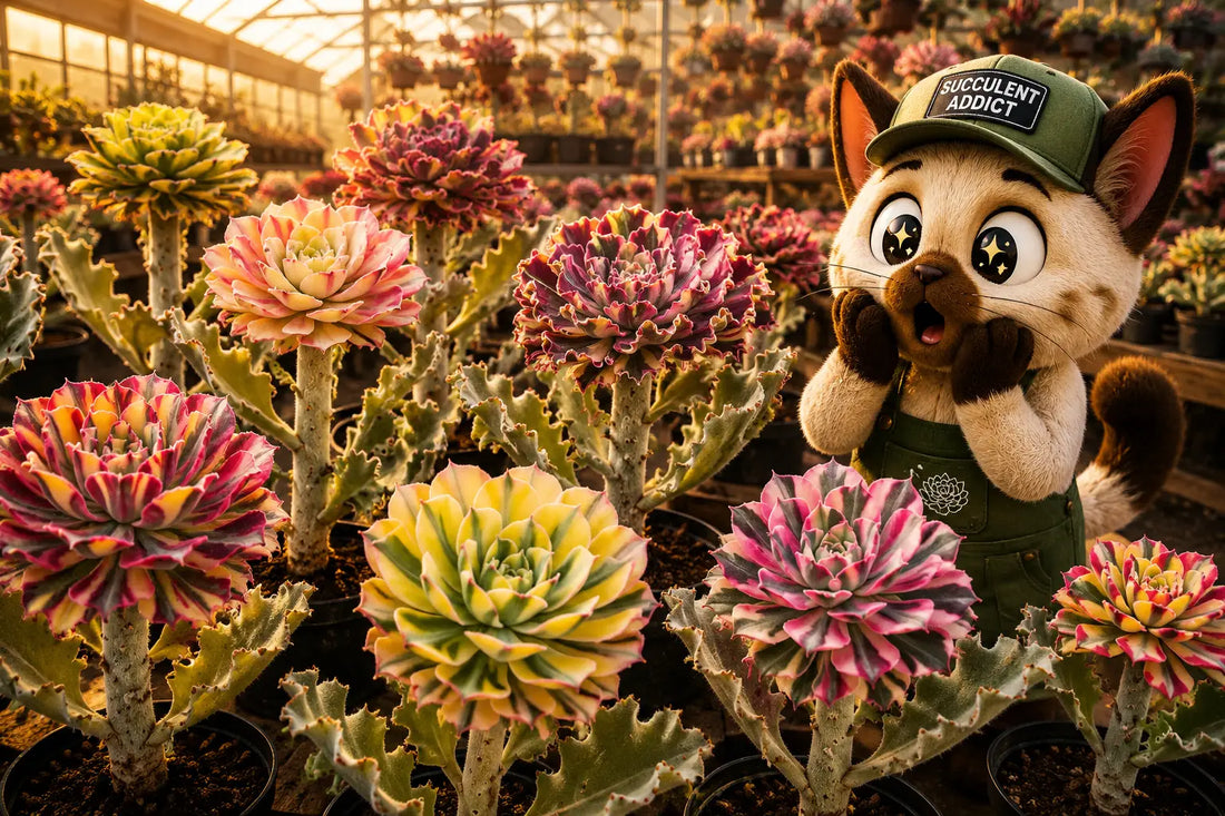 Mascota sorprendida observando Echeverias injertadas sobre Kalanchoe en vivero chino de suculentas premium
