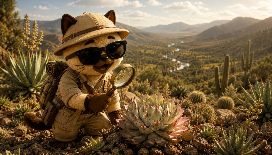 Mascota exploradora descubriendo Echeverias y suculentas en un paisaje árido inspirado en México