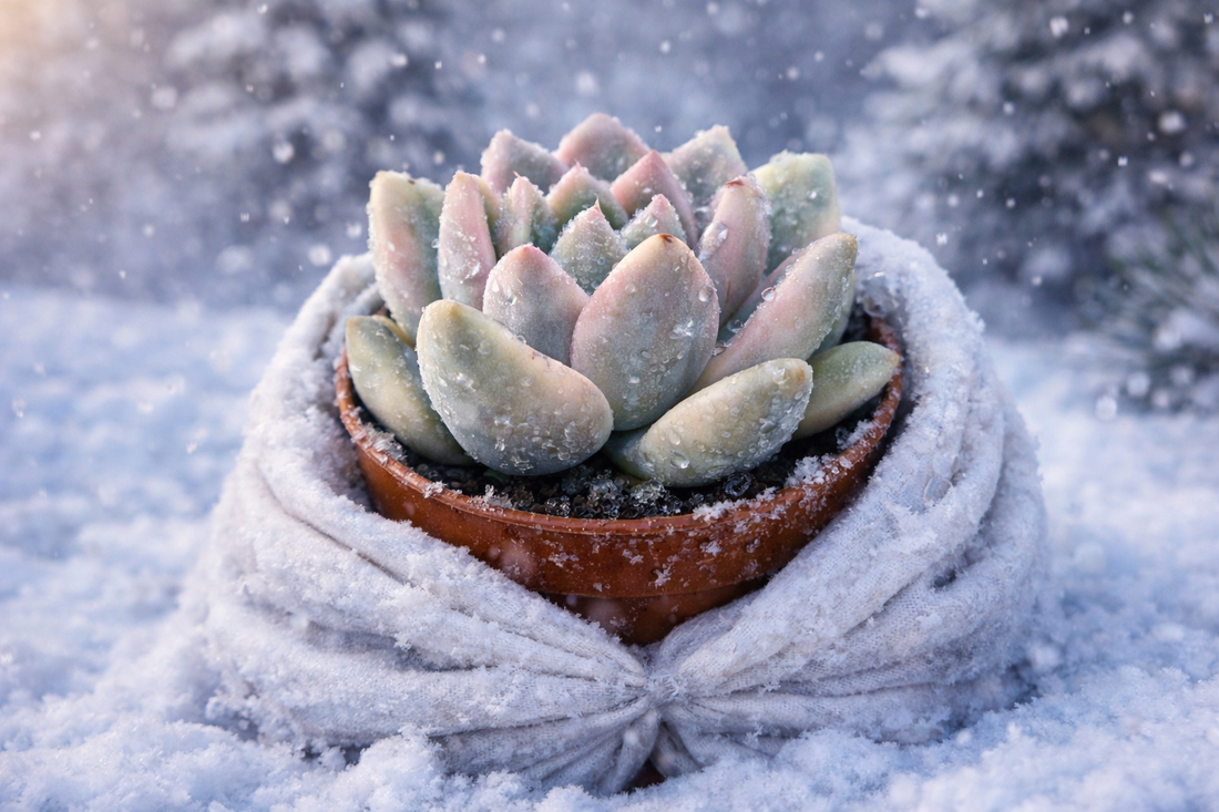Ilustración de Alpaca en invierno cuidando una suculenta variegada protegida del frío.