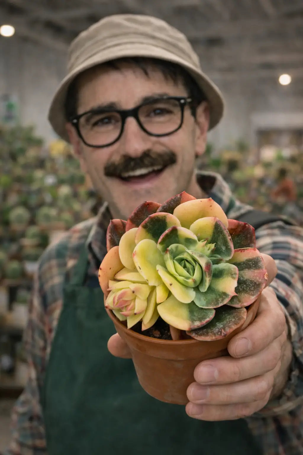 Hombre sosteniendo una suculenta variegada tipo Echeveria en un escenario, destacando la coloración y patrón de variegación de la planta 