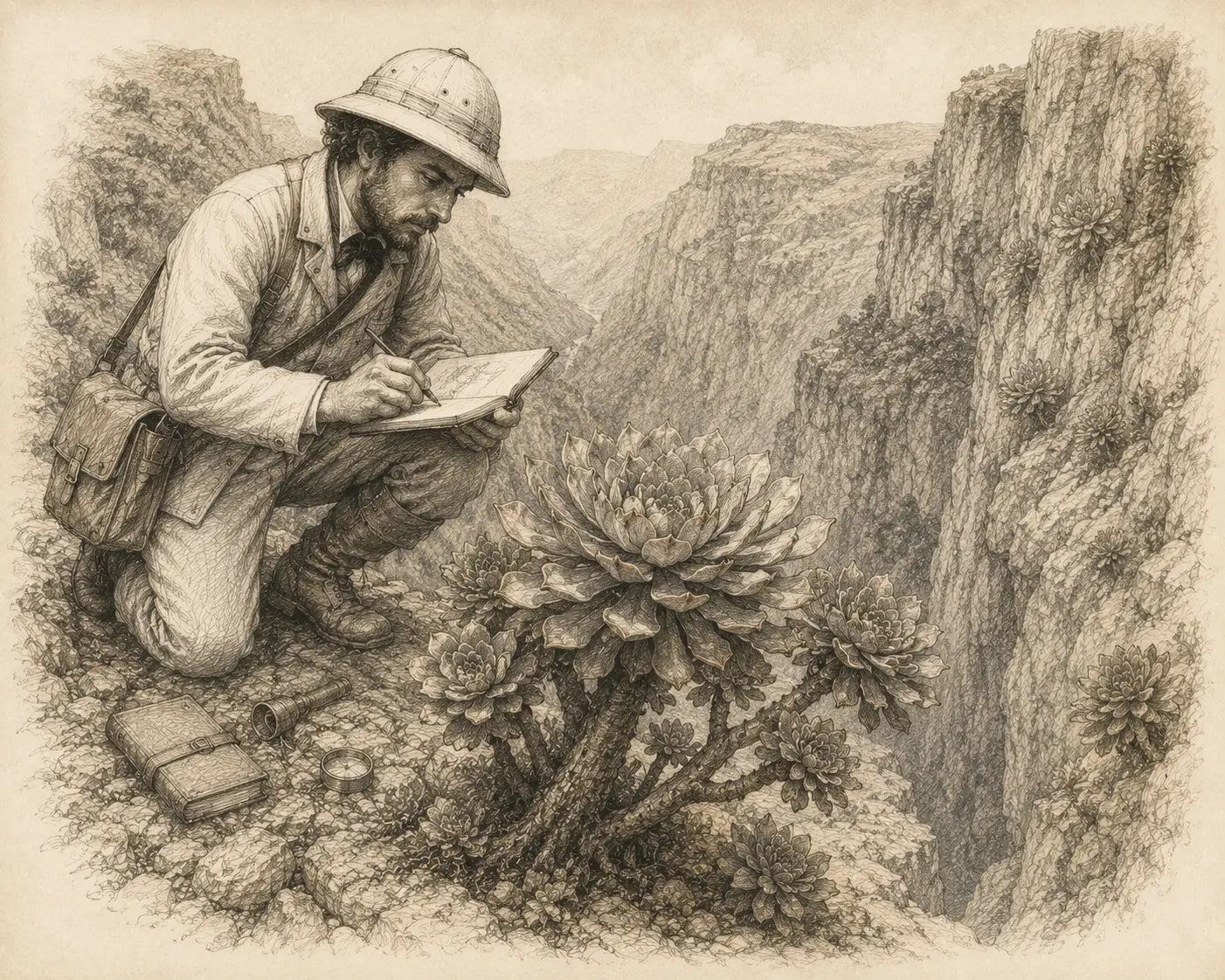 Ilustración de un botánico documentando un Aeonium en las Islas Canarias durante el siglo XIX