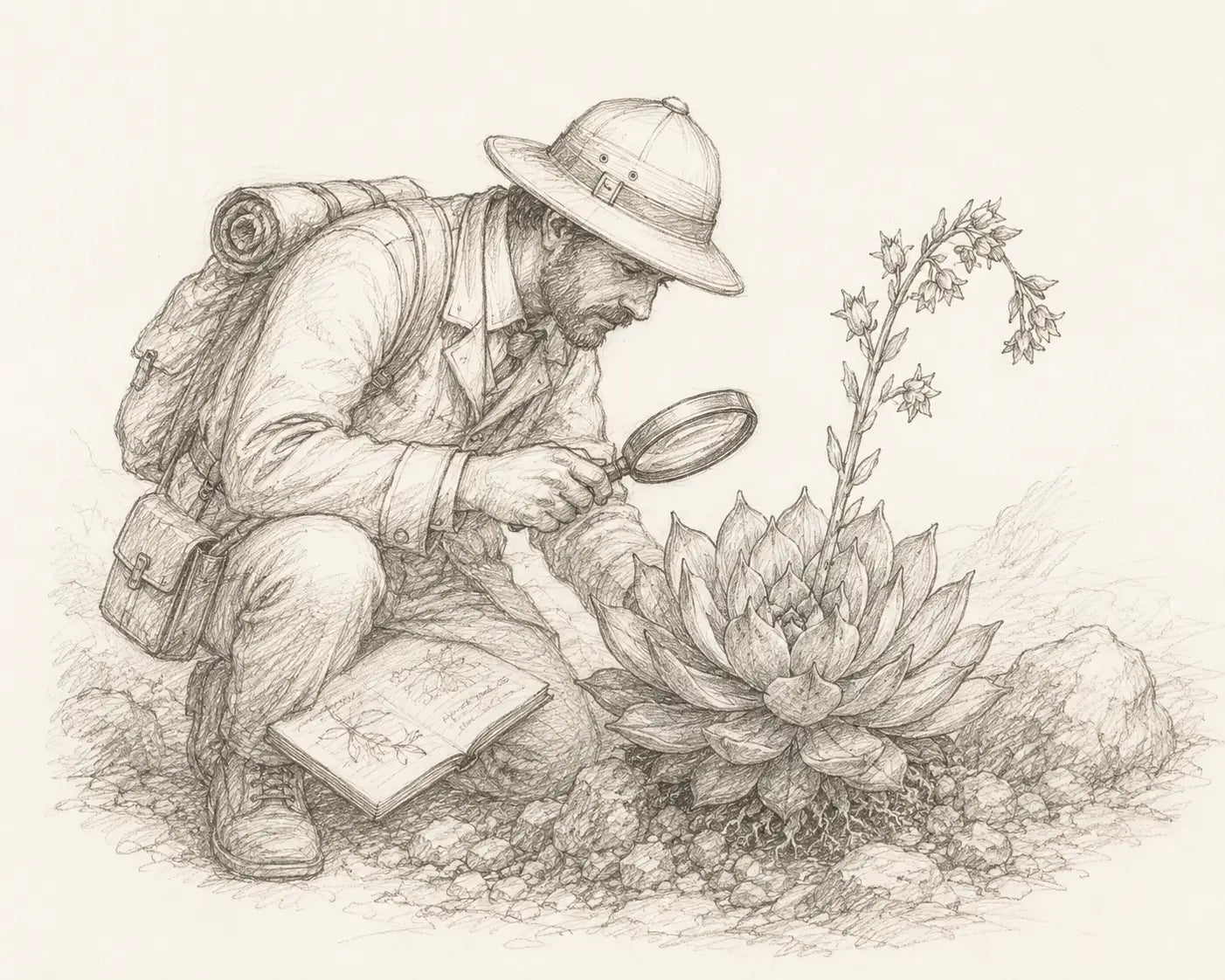 Ilustración de un explorador botánico estudiando una de las primeras Echeverias documentadas en México