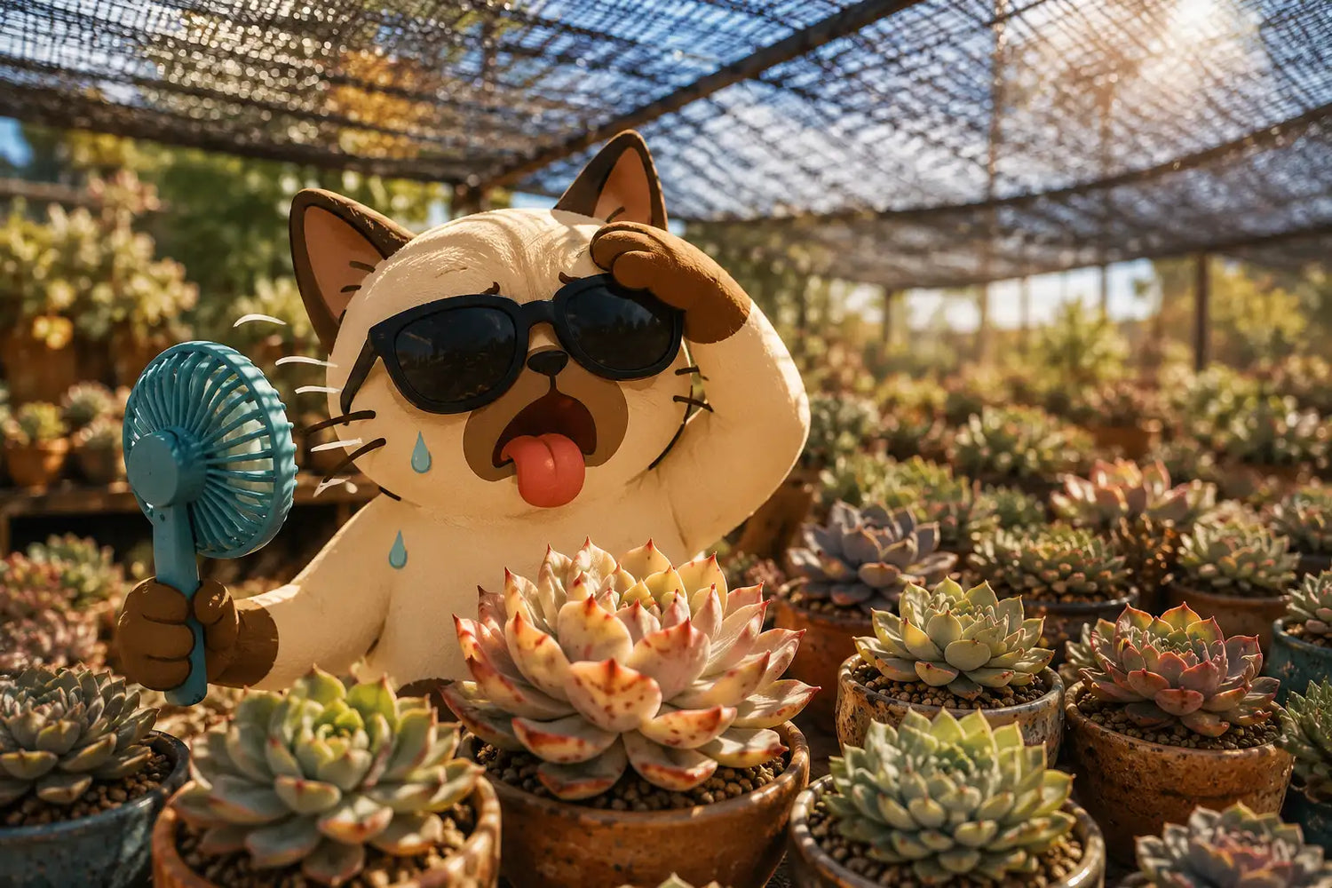 Figura de gato de color crema que lleva gafas de sol negras y sostiene un abanico de mano azul.