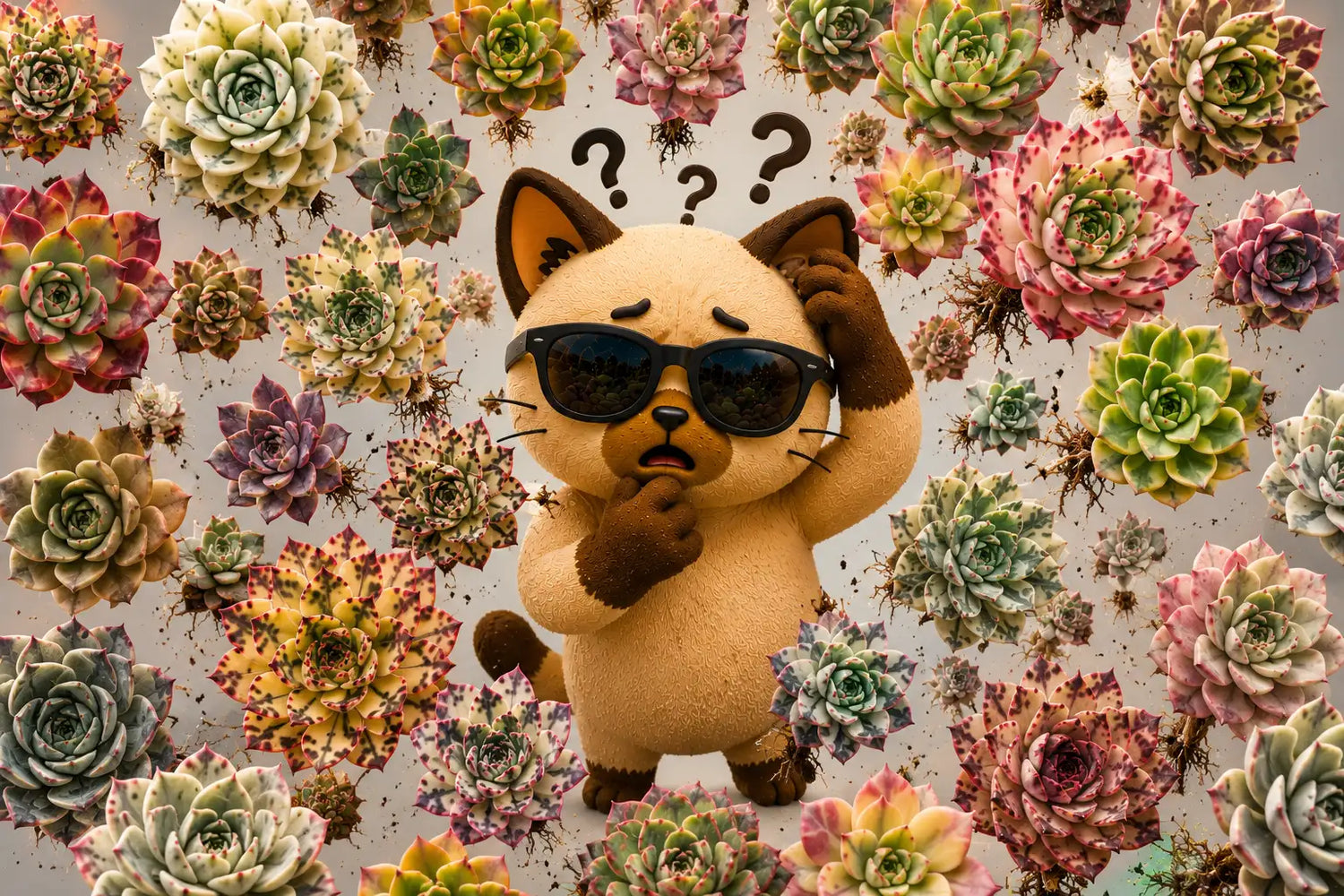 Un gato de felpa beige con gafas de sol negras y sujetándose la cabeza en una pose pensativa, rodeado de suculentas de colores.