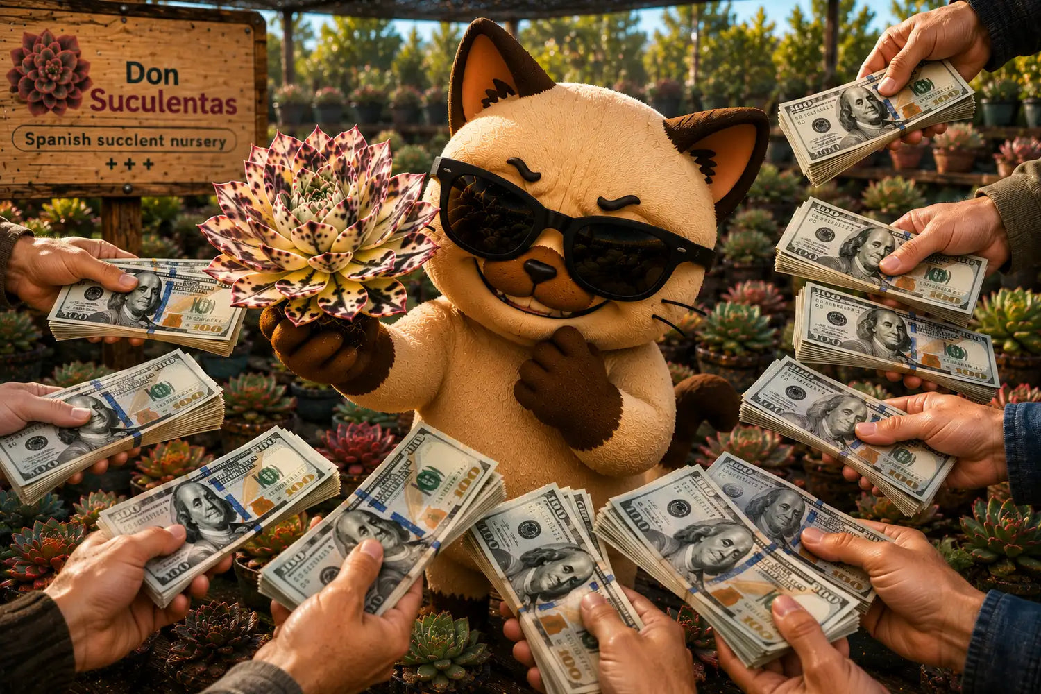 Una mascota de gato de peluche color canela con gafas de sol negras sostiene una planta suculenta con manchas.
