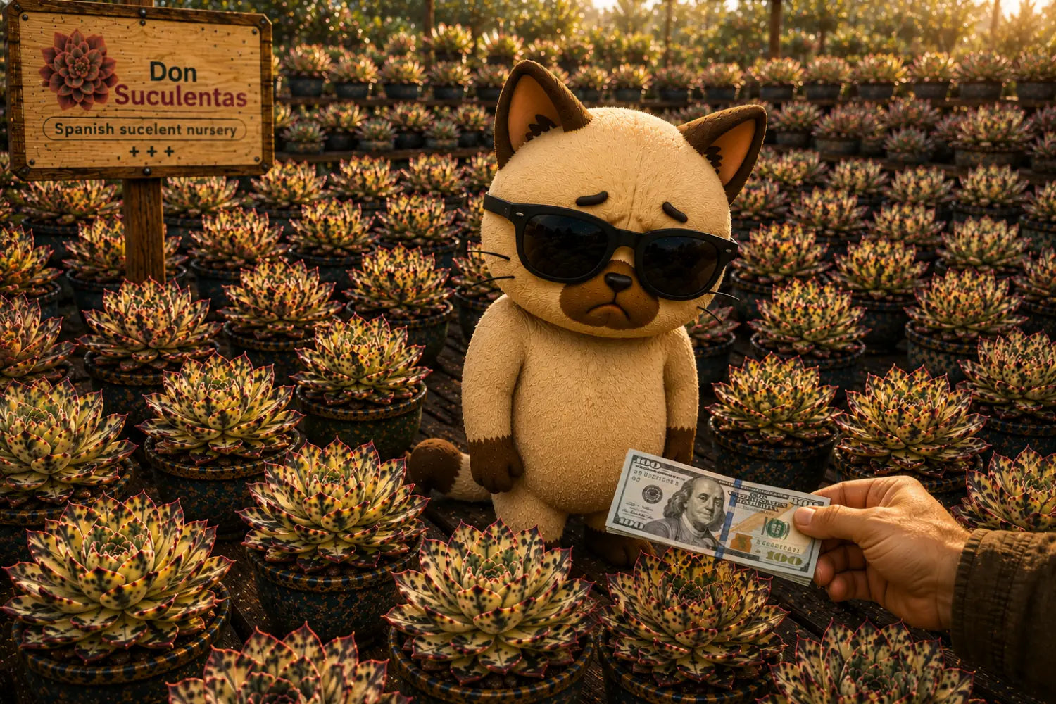 Mascota triste rodeada de muchas suculentas variegadas disponibles mientras una sola mano ofrece dinero