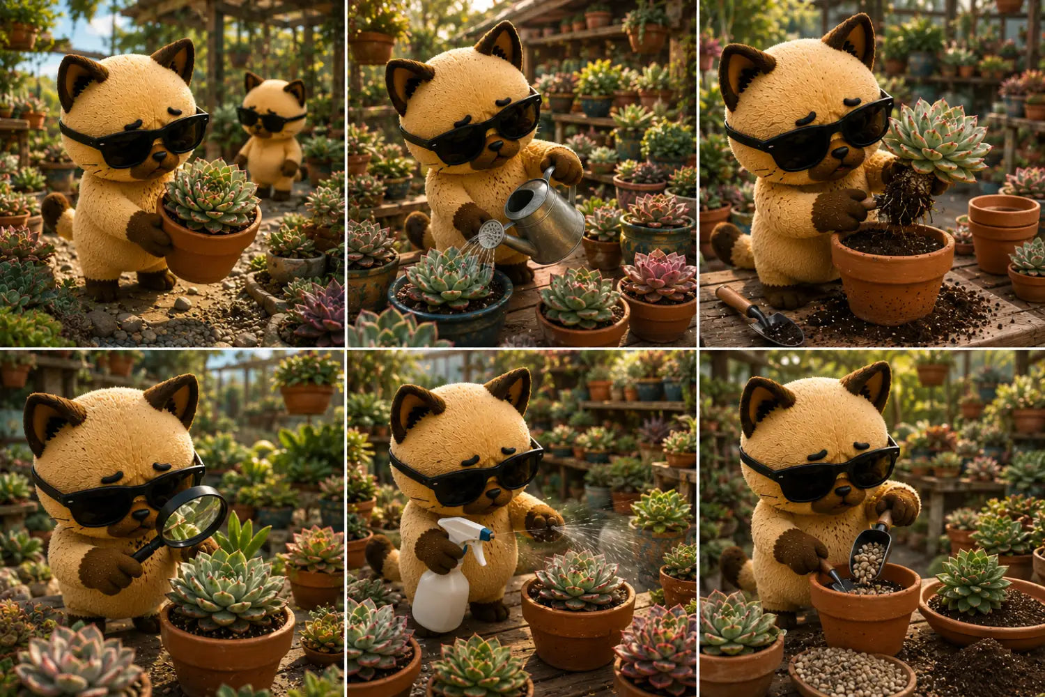 Varias mascotas de Don Suculentas realizando cuidados básicos en suculentas variegadas como riego, trasplante, control de plagas y renovación de sustrato